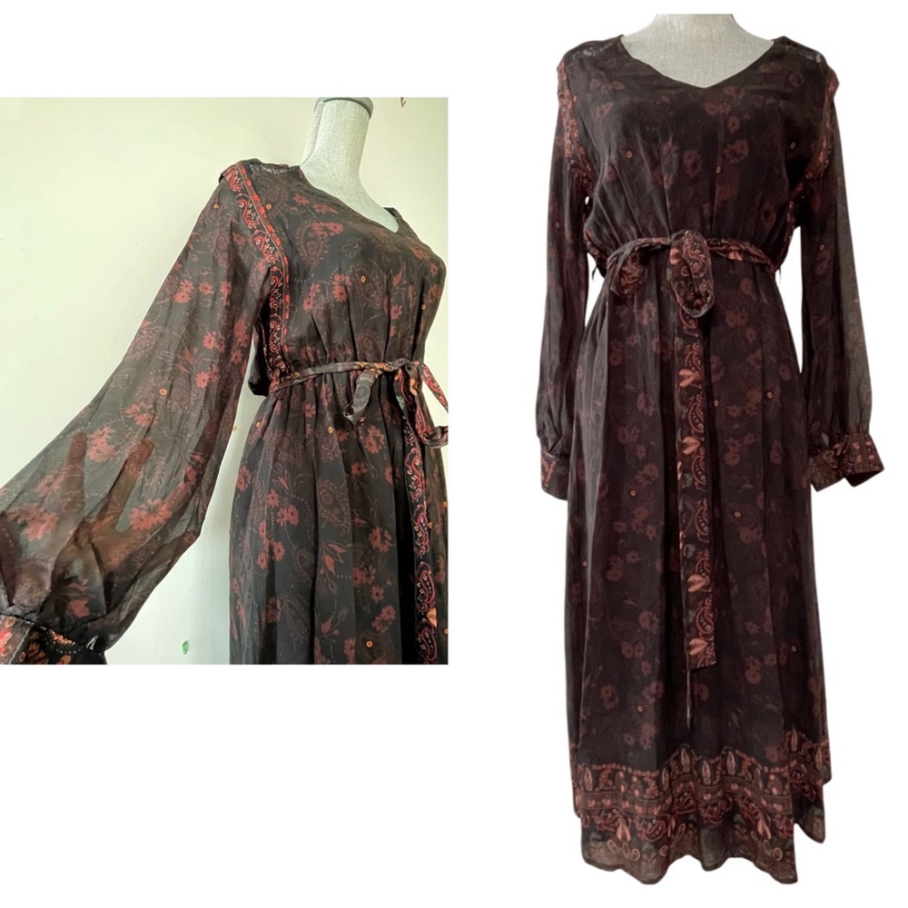 Louizon French boutique brand long sheer balloon sleeve maxi dress black mixed
